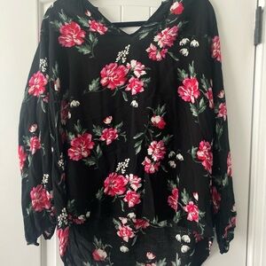 Old Navy Black Blouse with Pink Floral Design